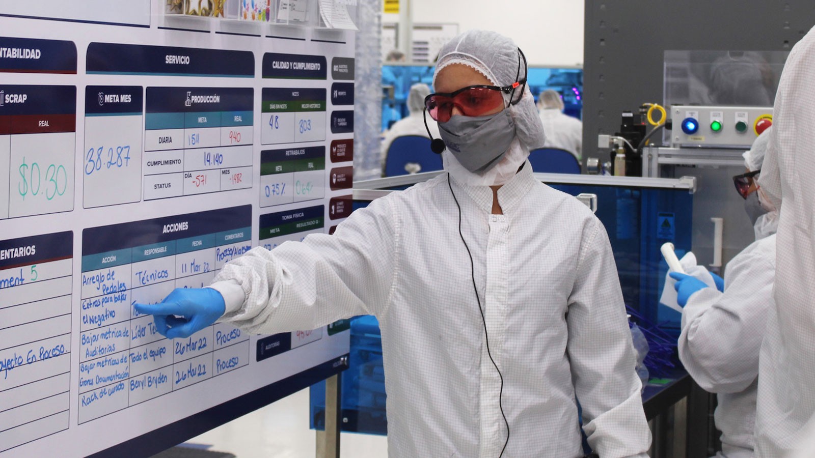 A person wearing protective equipment points to a whiteboard.