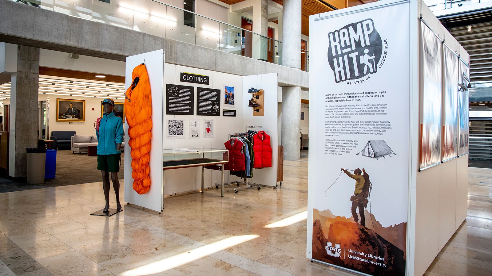 The Kamp Kit exhibit on display in the Merril Cazier Library.