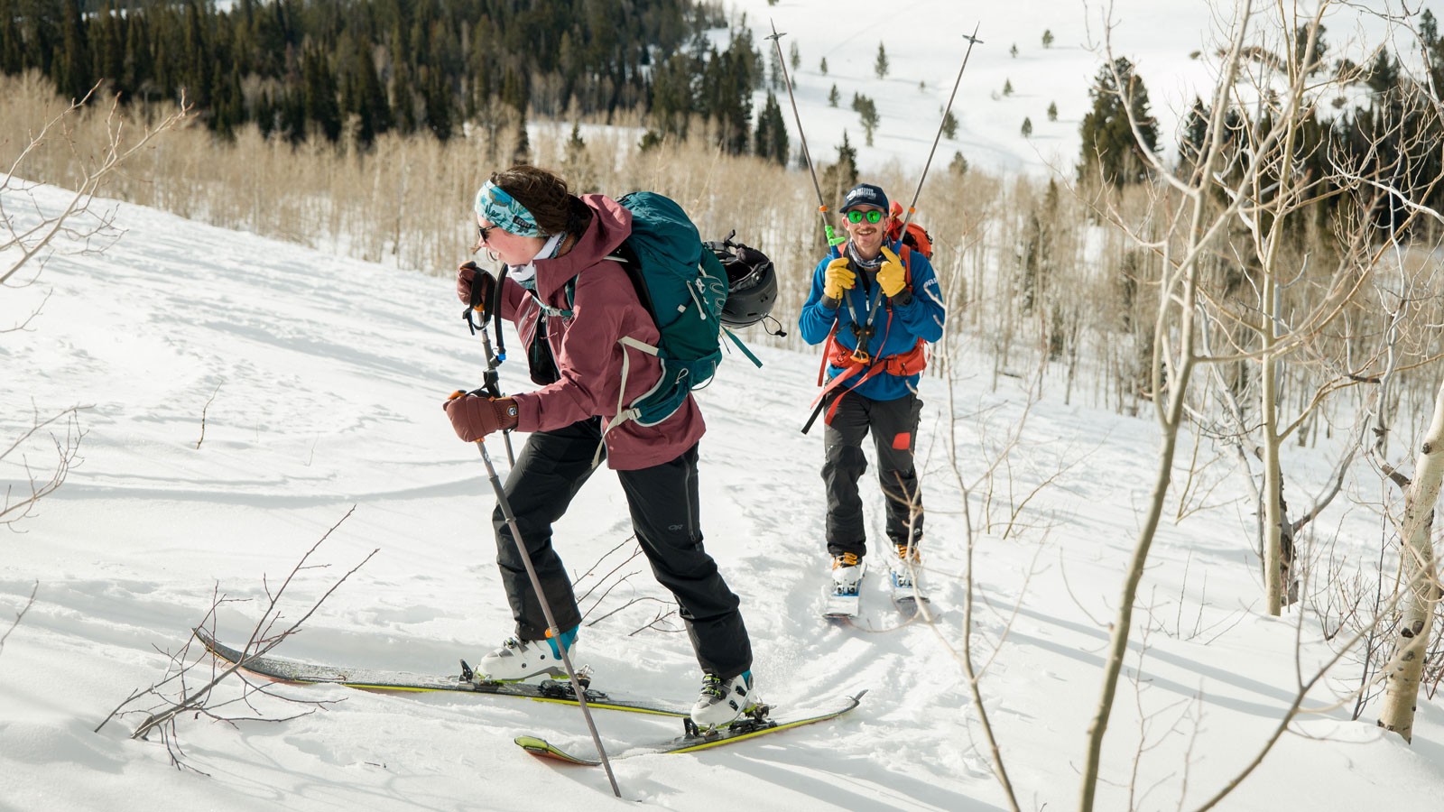 Two backcountry skiers climbing a snowy hill.