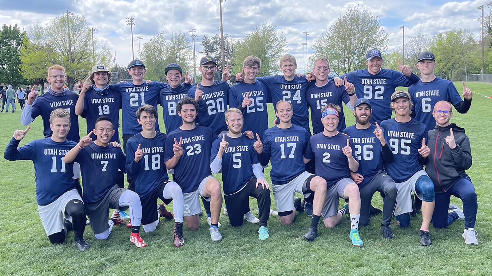 The Utah State University men’s ultimate club poses for a team photograph after winning the 2022 Nor