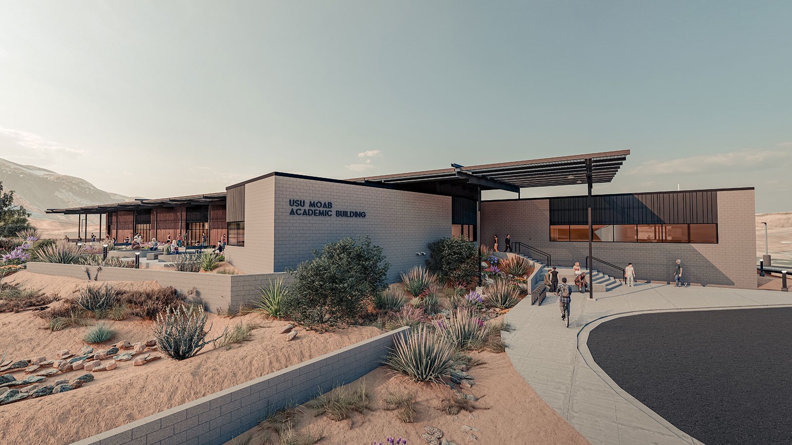 This architectural rendering shows the USU Moab Academic Building.