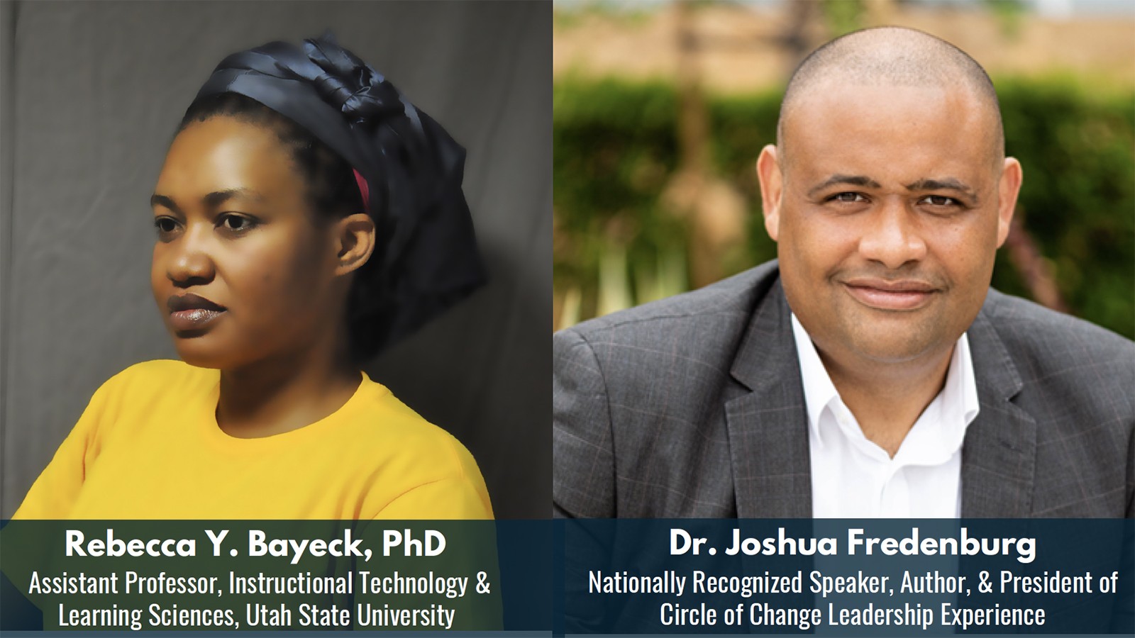 Rebecca Y. Bayeck and Joshua Fredenburg are shown in this composite image.