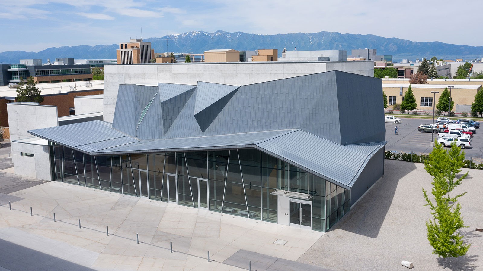 An aerial photograph of the USU Performance Hall.