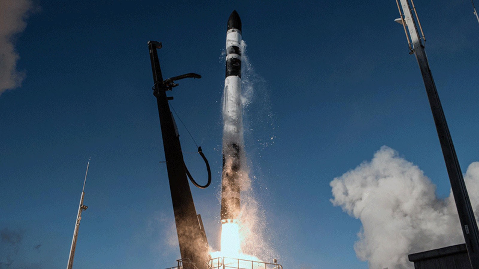 A rocket lifts off.