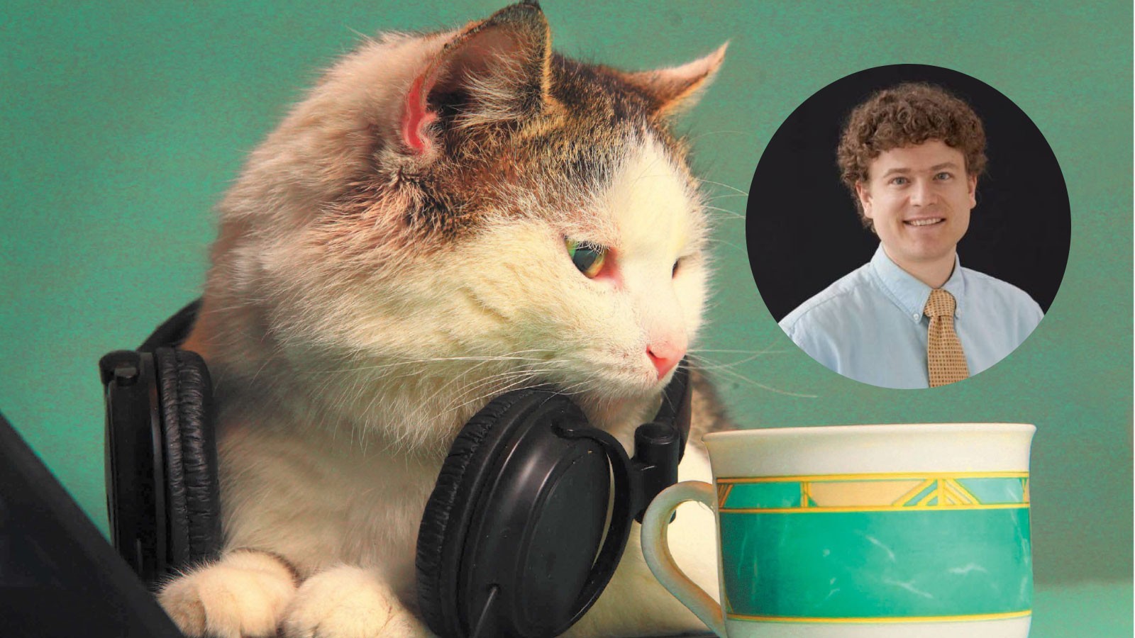 A cat wearing headphones. Inset is a photo of USU Professor Timothy Chenette.