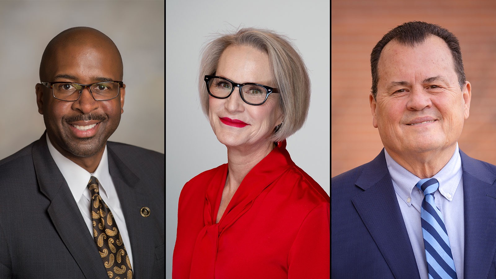 Portrait photos of Rodney Bennett, Betsy Cantwell and Ken White