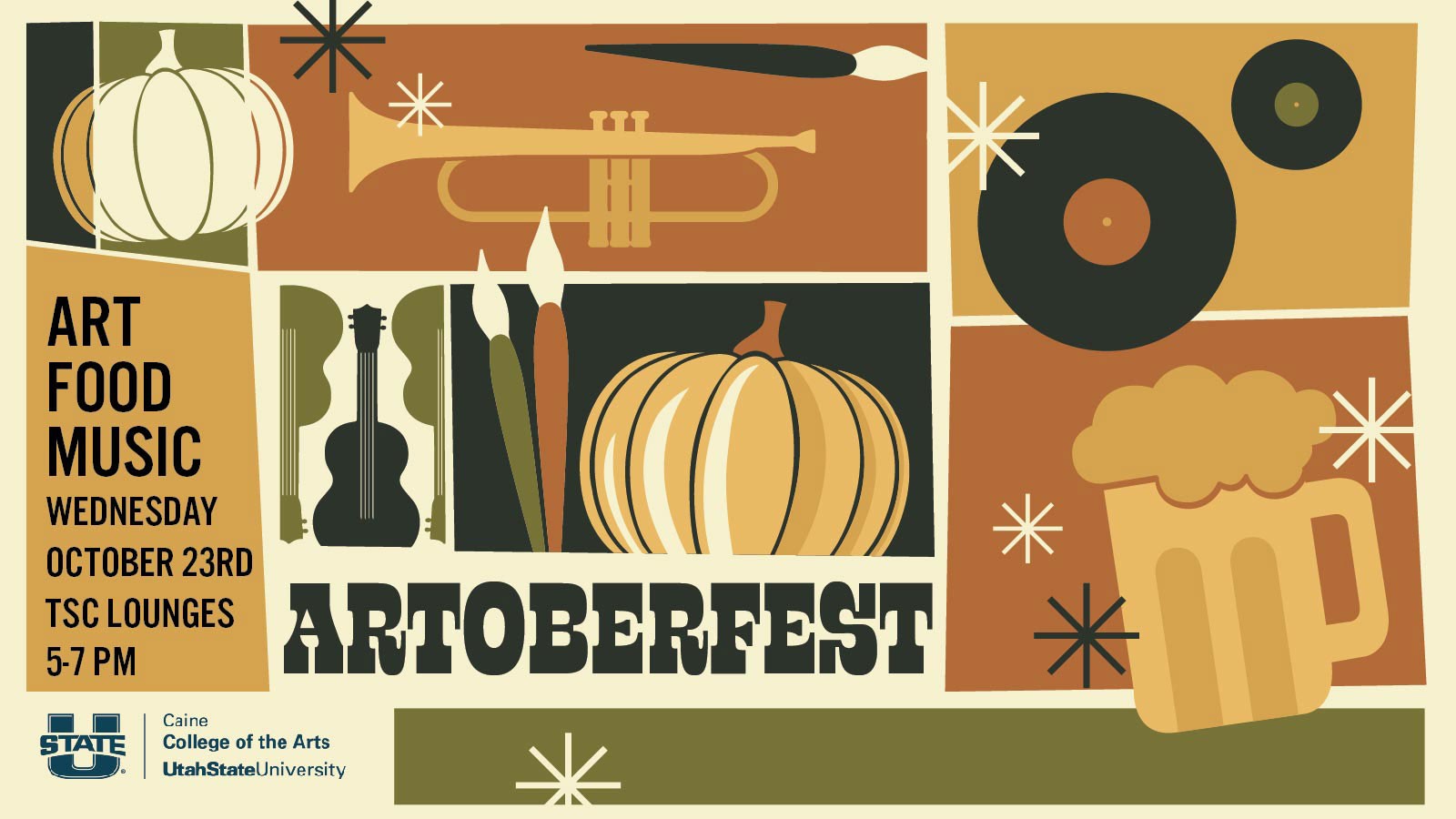 Text Reads: Art, food, music. 5 to 7 p.m., October 23rd, TSC lounges.
