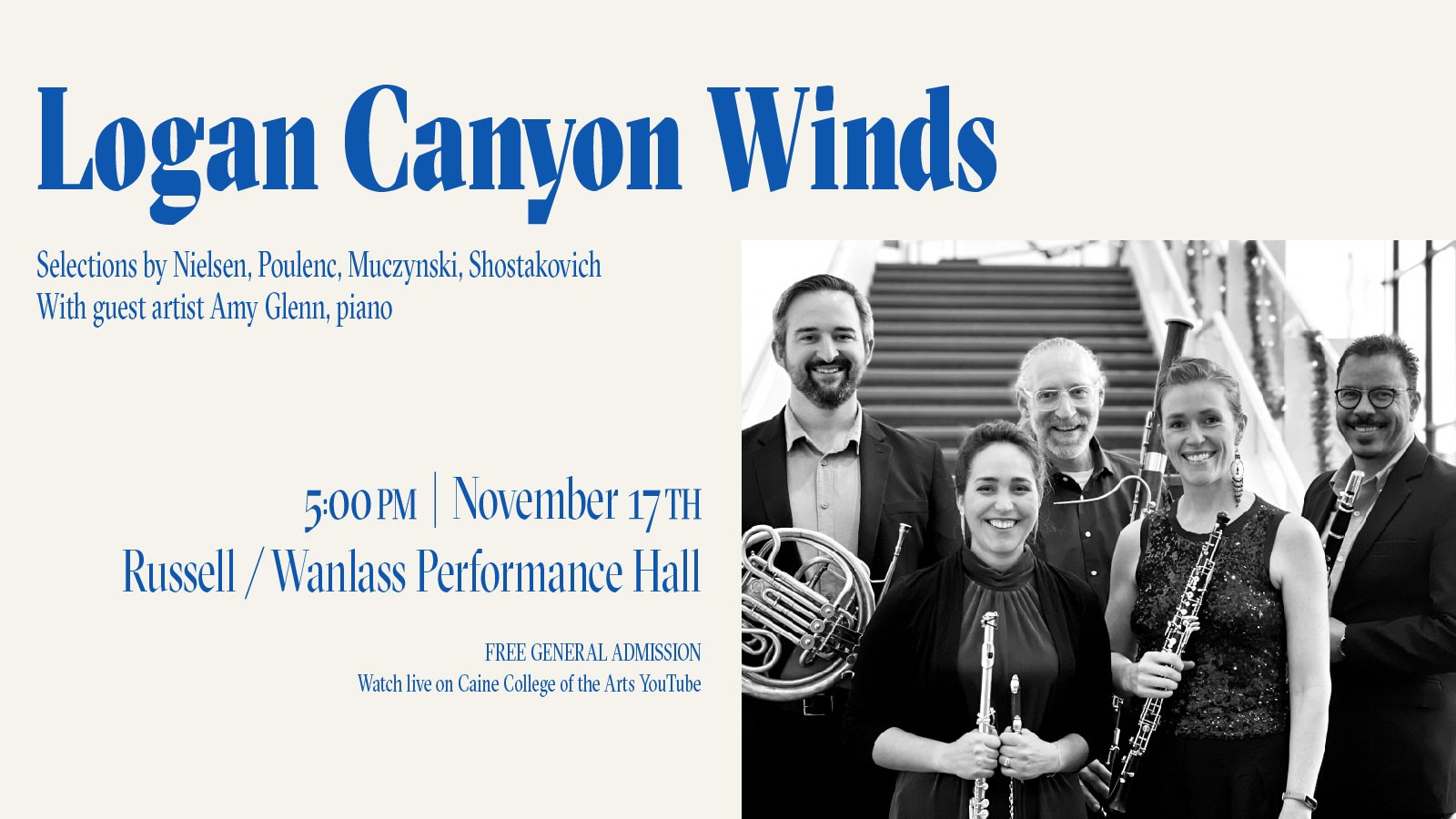 Text Reads: Selections by Nielsen, Poulenc, Muczynski, Shostakovich.