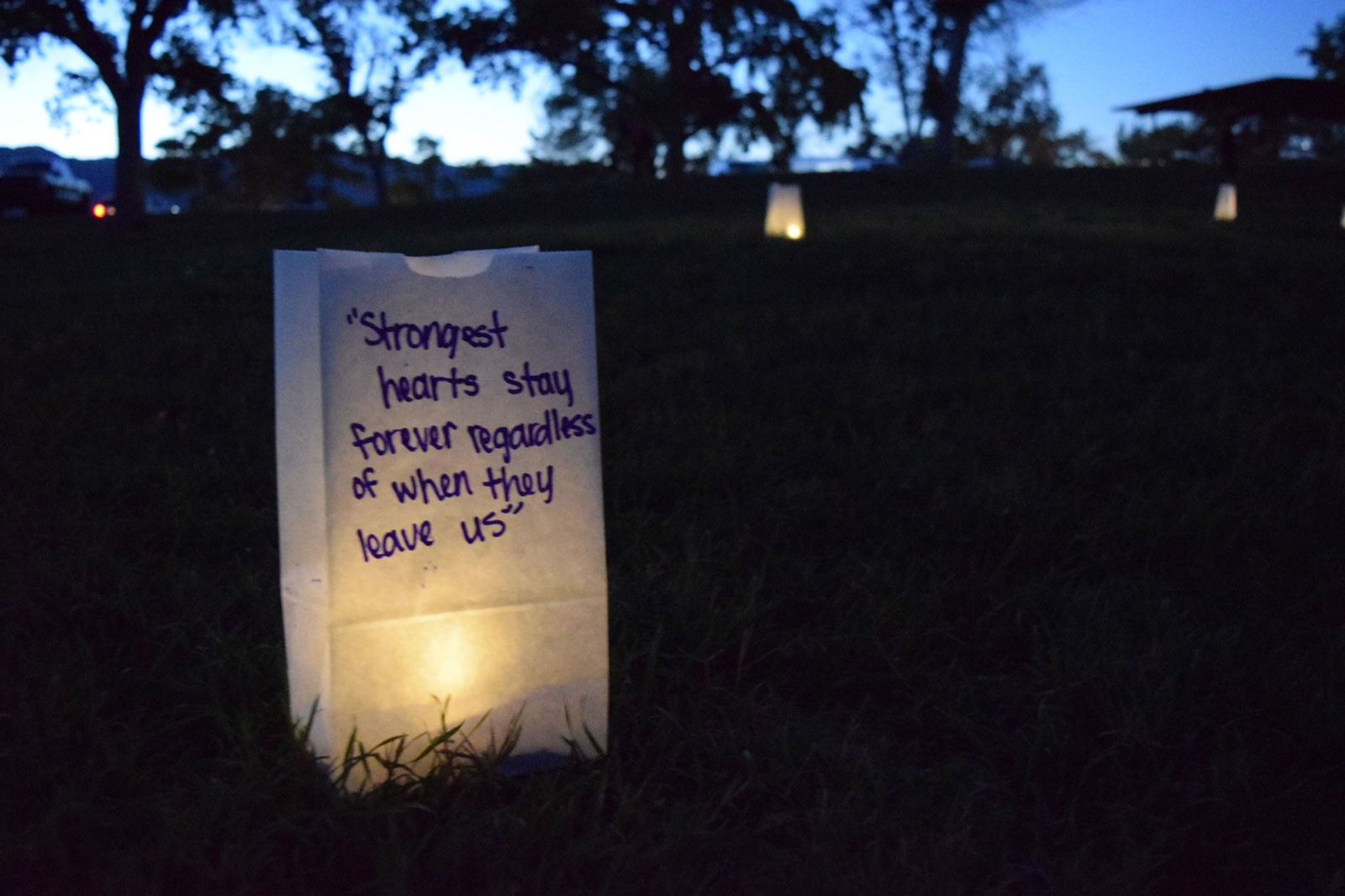 A message on a light. Text reads: Strongest hearts stay forever regardless of when they leave us.