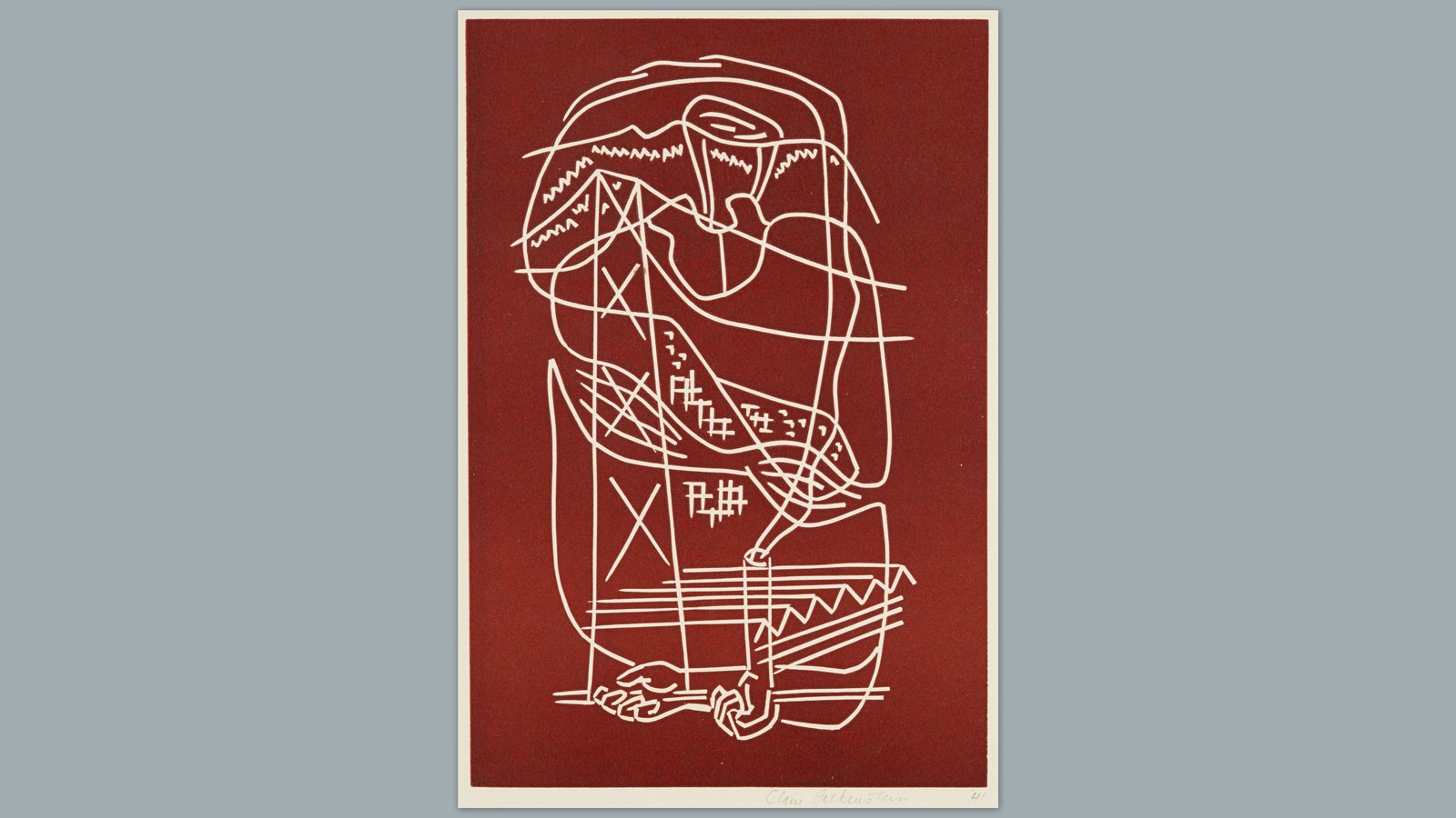 Abstract art with white lines on a deep red background evoking a human body and a bridge.