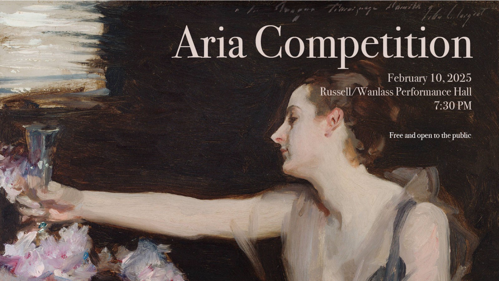 An event poster. Text Reads: Aria Competition. 7:30 Feb. 10. Russell Wanlass Performance Hall.