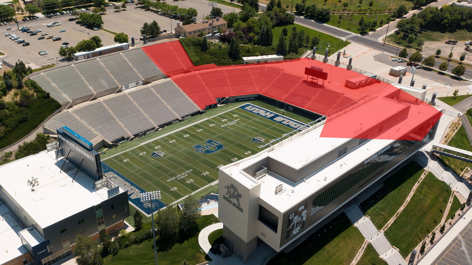 An aerial view of Maverik Stadium with the north concourse and northern seats highlighted in red.