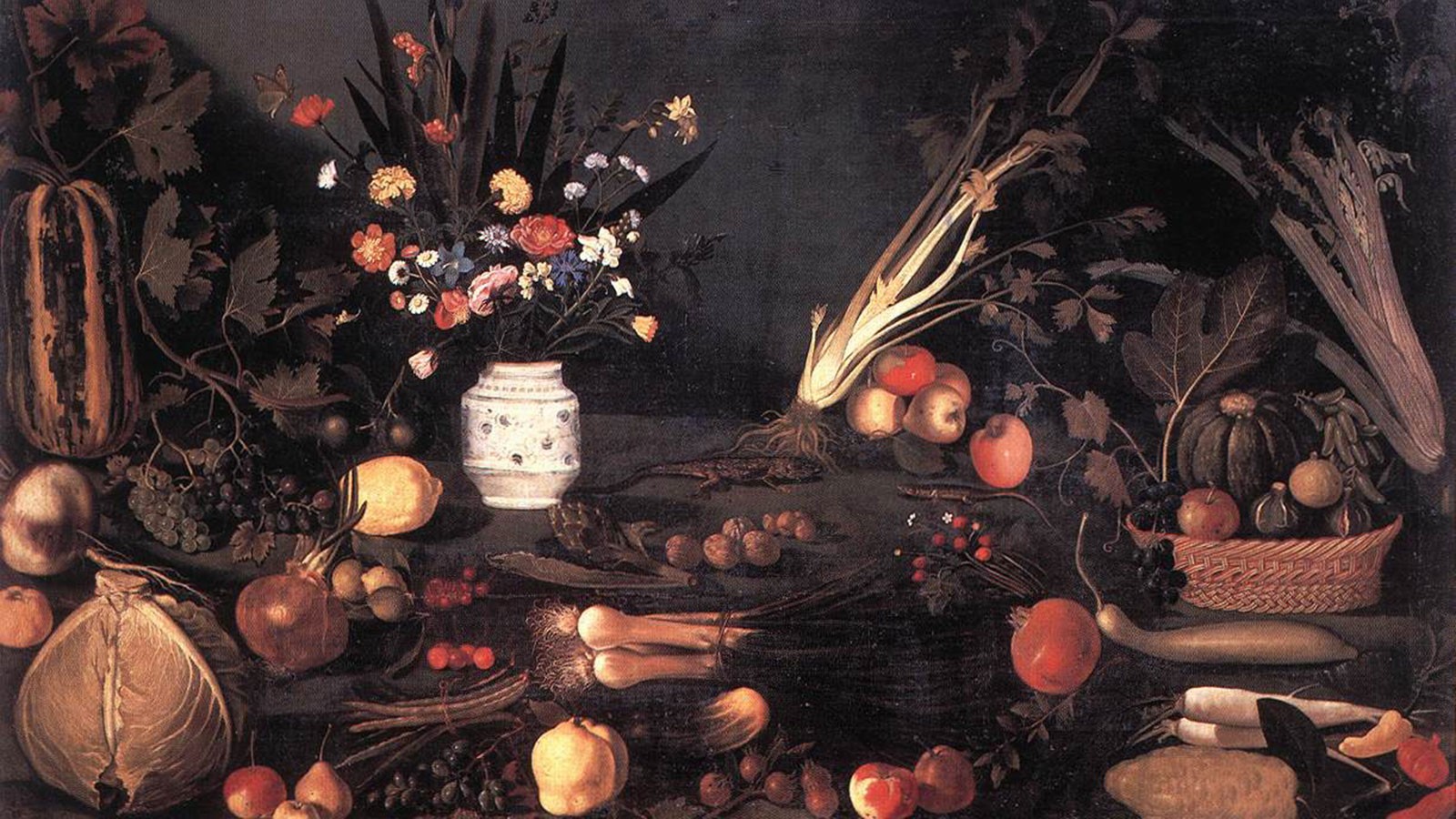 A painting of flowers, fruits and vegetables.