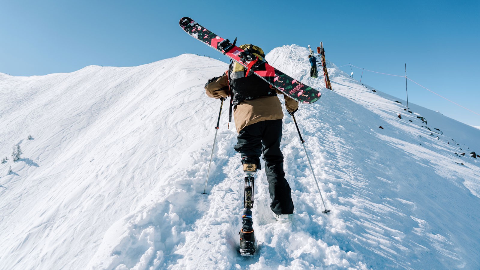 A backcountry skier with a prosthetic leg hiking on a snowy mountain ridge.
