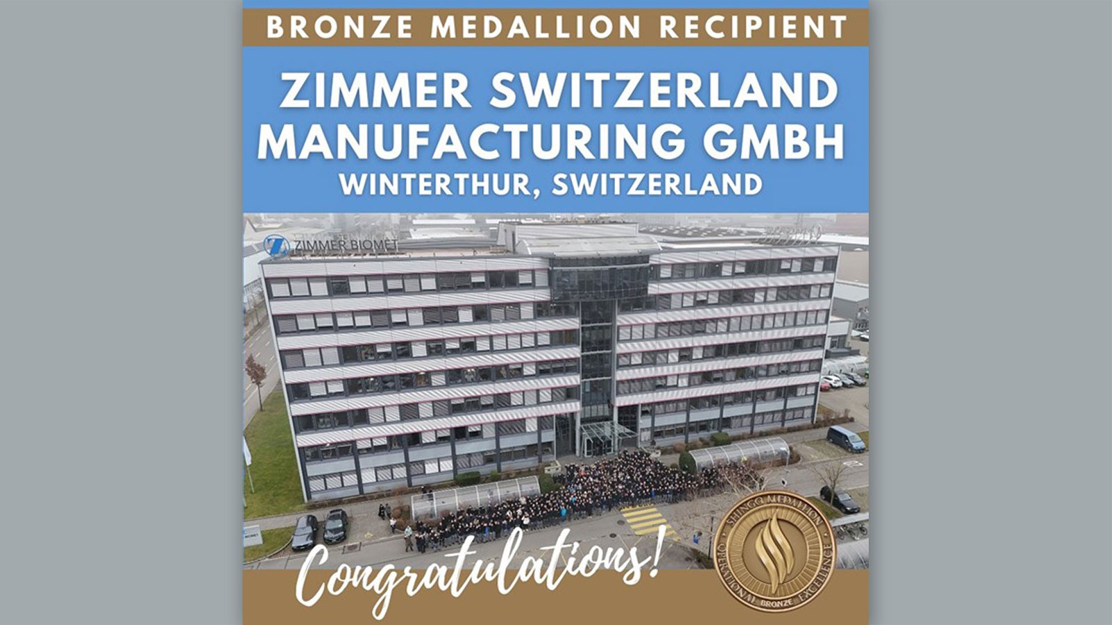 Text Reads: Shingo Bronze Medallion Recipient Zimmer Switzerland.
