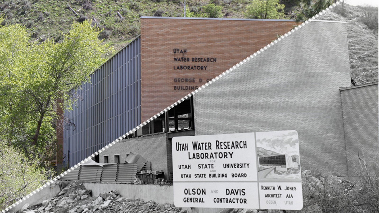 A composite image showing a building now and 60 years ago.