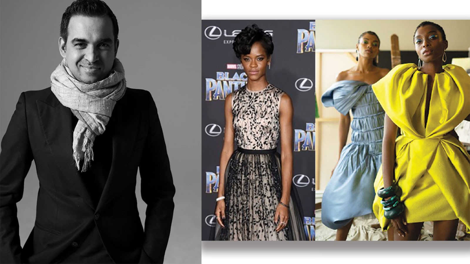 Bibhu Mohapatra is seen next to some of his fashion designs.