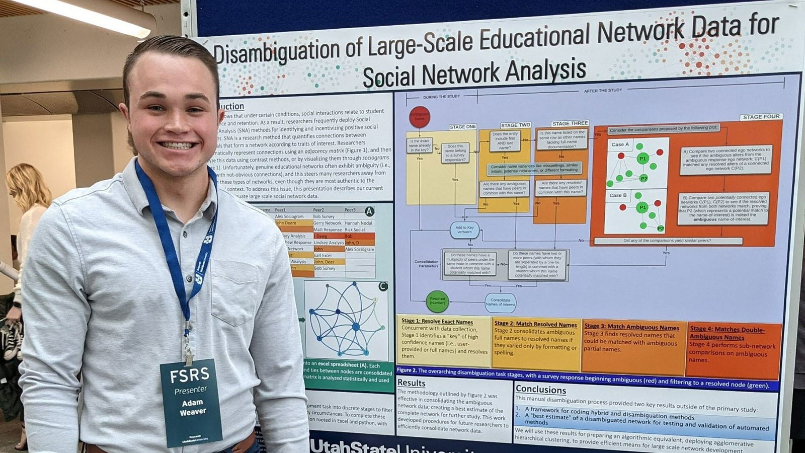 Adam Weaver stands by a poster about his research.