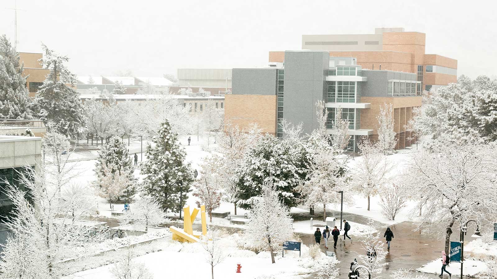 View of USU's Engineering Research Building on a snowy day.