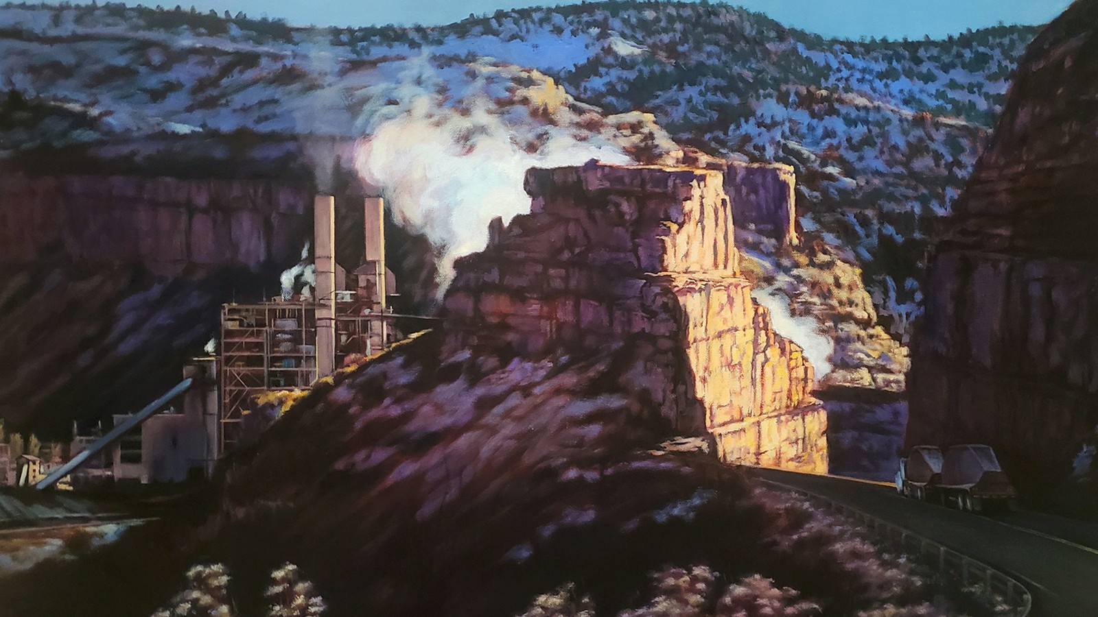 Painting of a oil refinery near red rocks in a Utah valley.