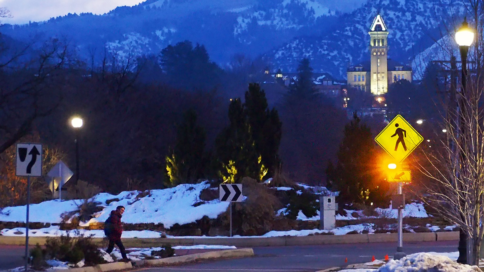 view of Old Main tower from below campus.