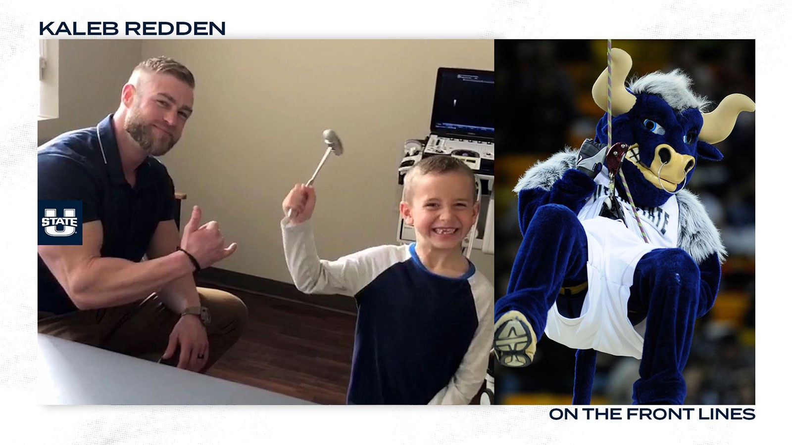 Kaleb Redden with a young patient and as Big Blue.