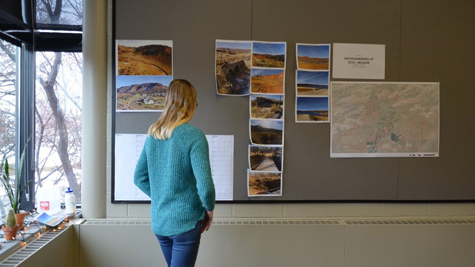 student looking at landscape designs.