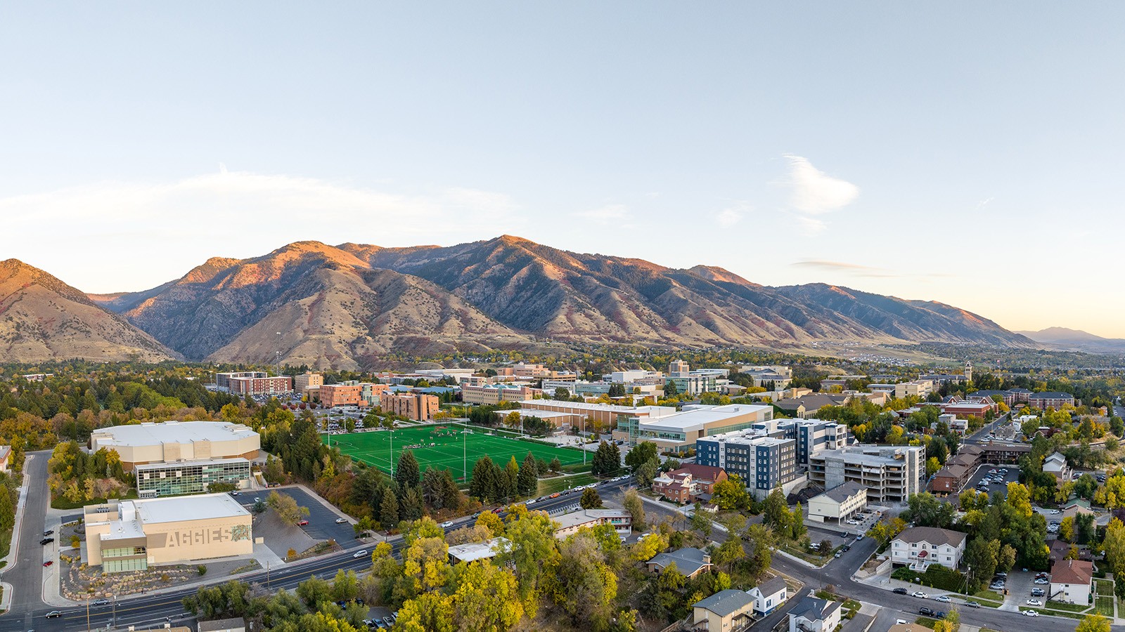 An aerial view of USU's Logan campus from the southwest