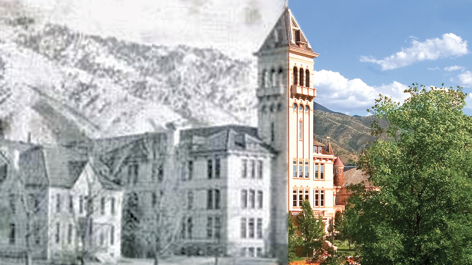 Image of Old Main in 1889, and today