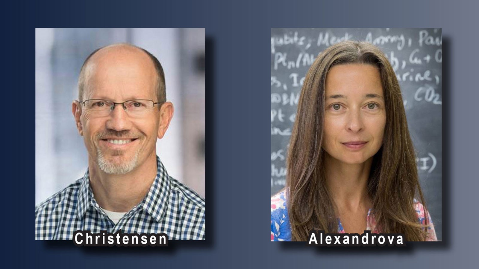 This composite image shows portrait photos of chemists Dale Christensen and Anastassia Alexandrova