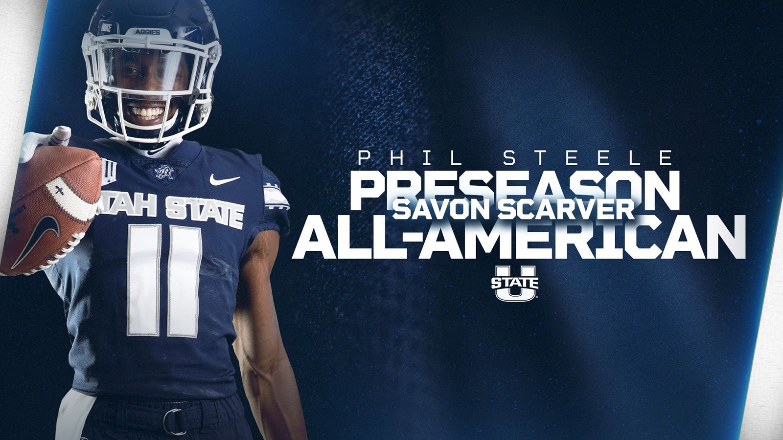 Banner with image and words: Phil Steele Preseason All-American Savon Scarver.