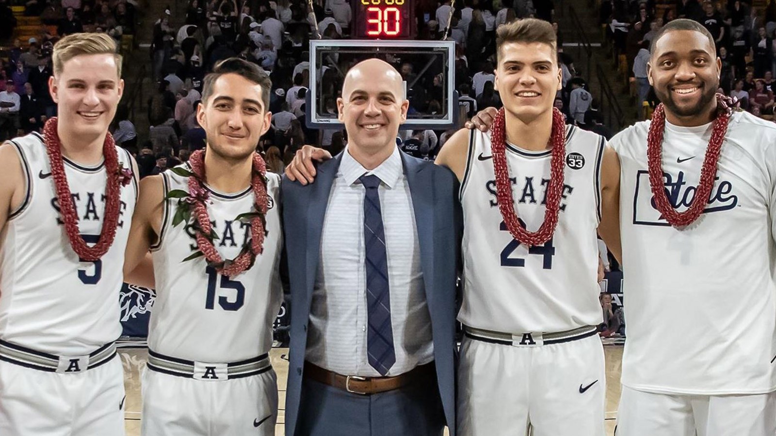 Seniors Sam Merrill, Diogo Brito, Roche Grootfaam and Abel Porter with Coach Craig Smith.