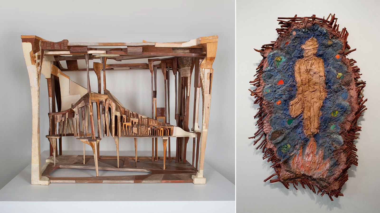 Left: Pamela Boden, “The Magician's Castle,” Right: Alison Saar, “Martyrdom of St. Rufus