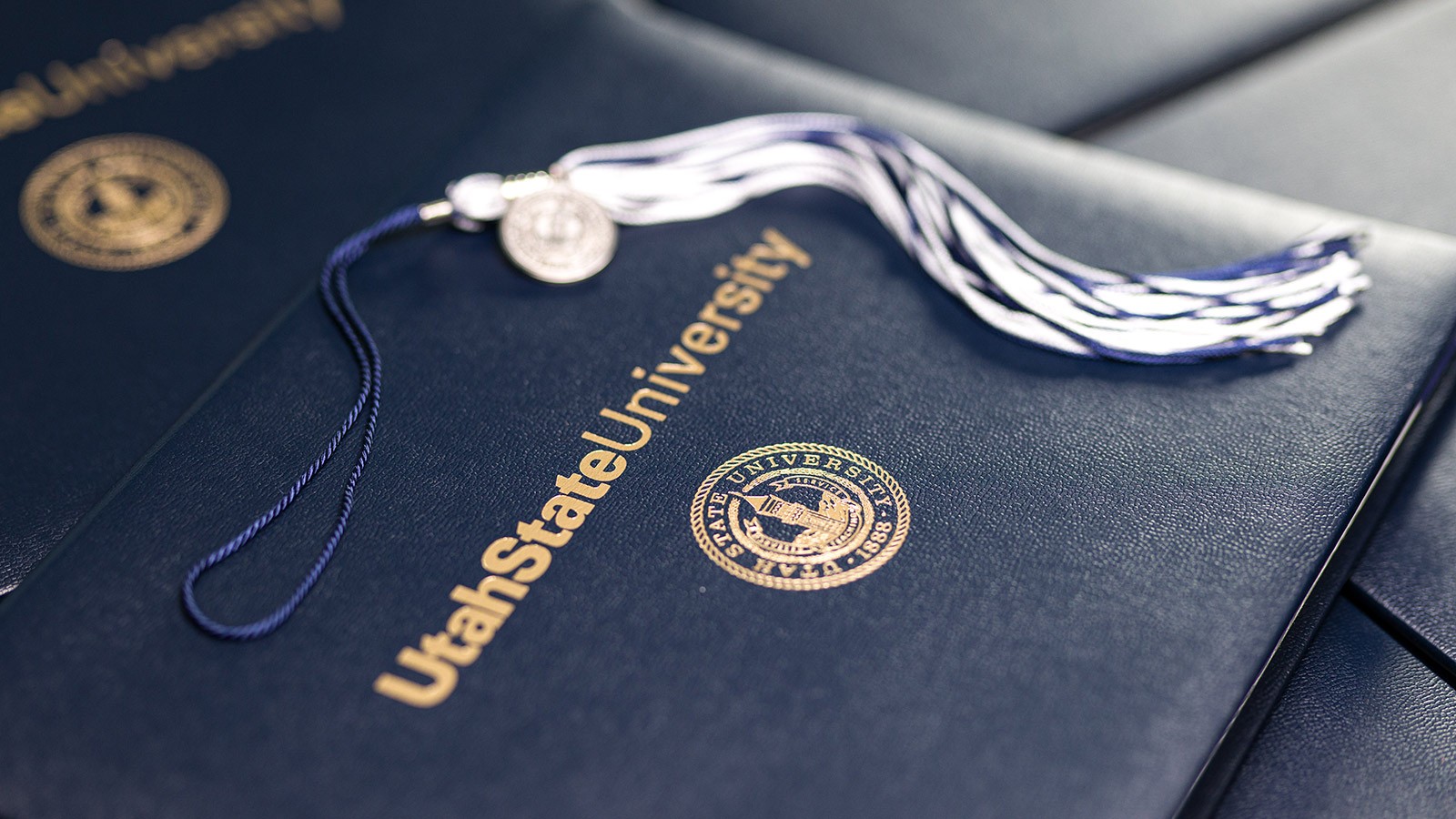Utah State University diploma cover and tassel.