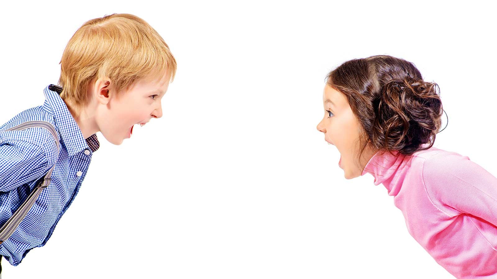 a young girl and boy yelling at each other.