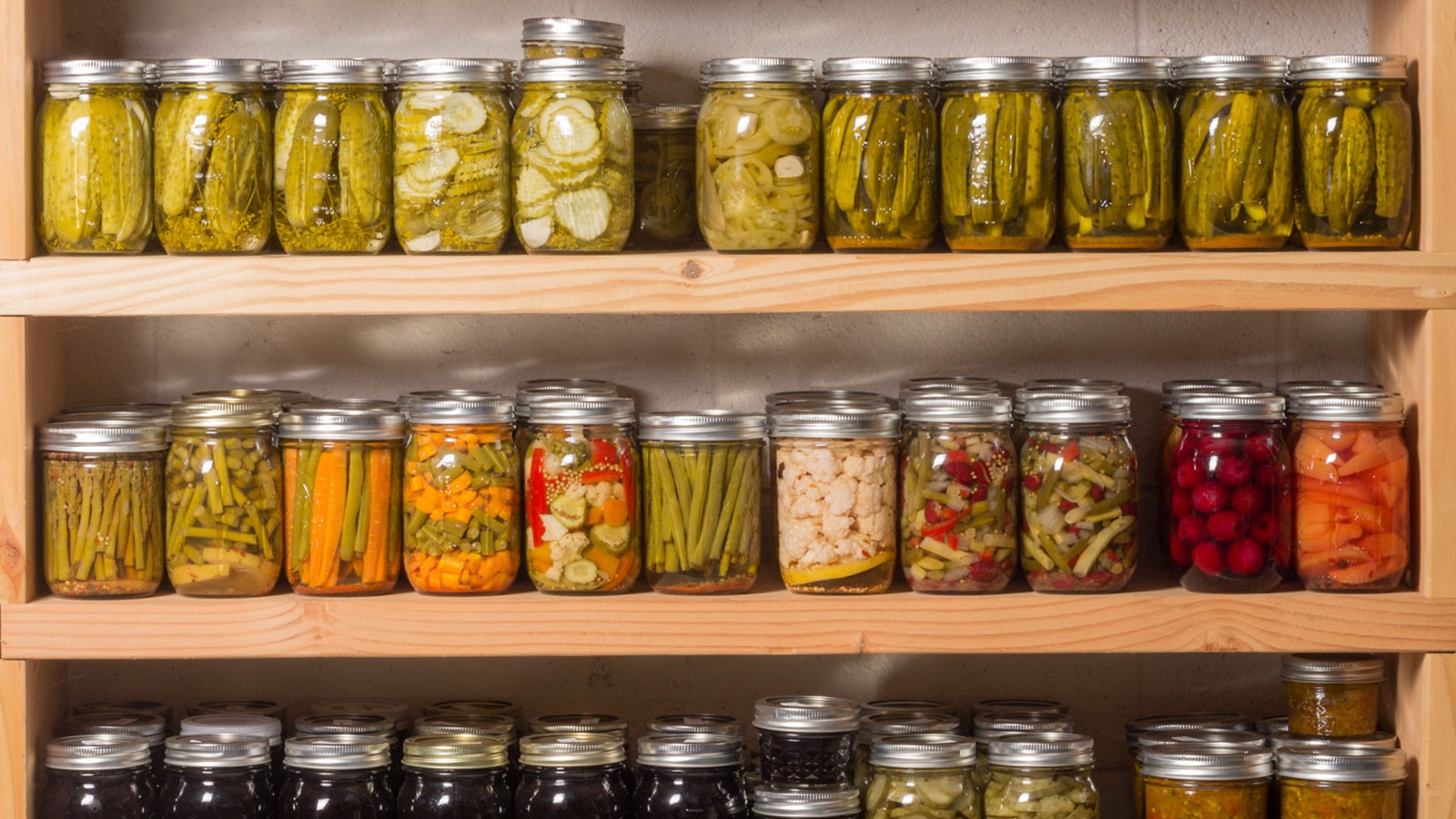 canned food on a shelf.