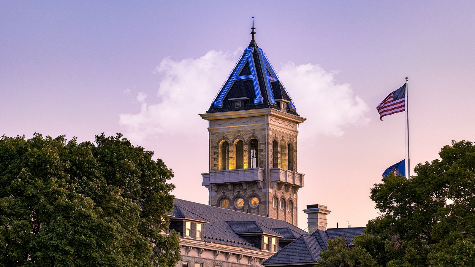 Old Main Tower at dusk with Blue Light.