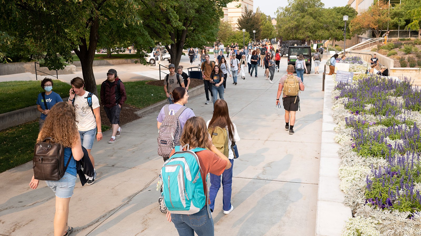 USU students walk near Taggart Student Center.