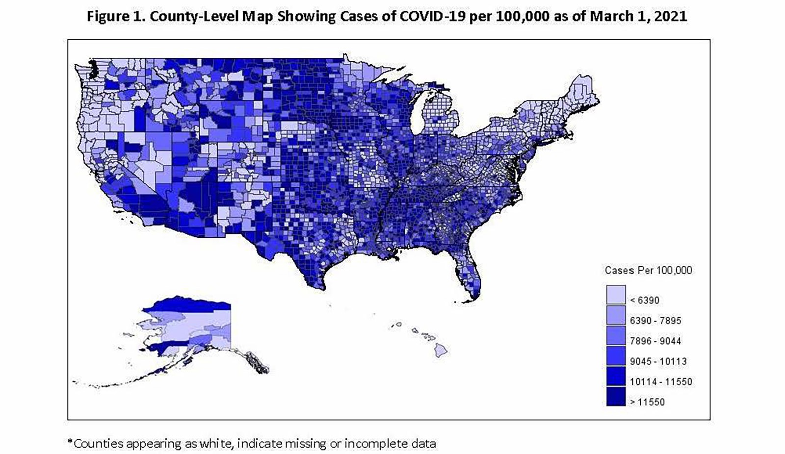 National county-level map showing cases of COVID-19 per 100,000.