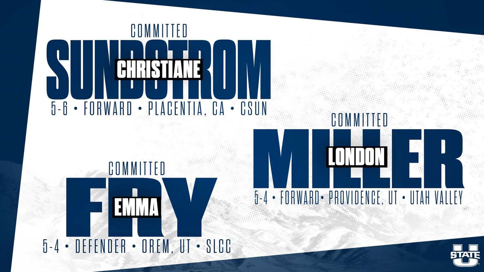 A graphic lists new USU soccer transfers: Christiane Sundstrom, London Miller and Emma Fry
