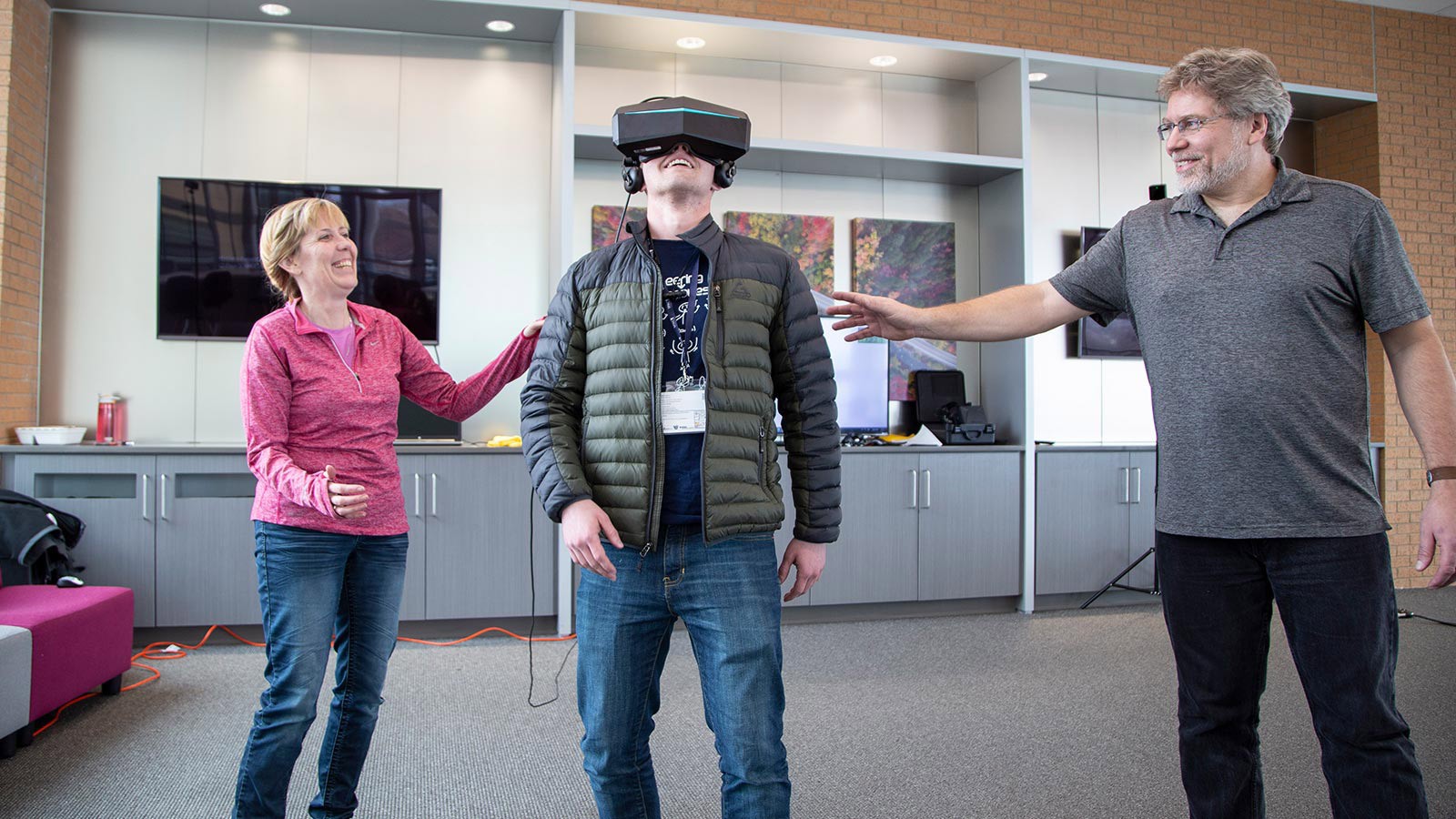 a student wearing a virtual headset.