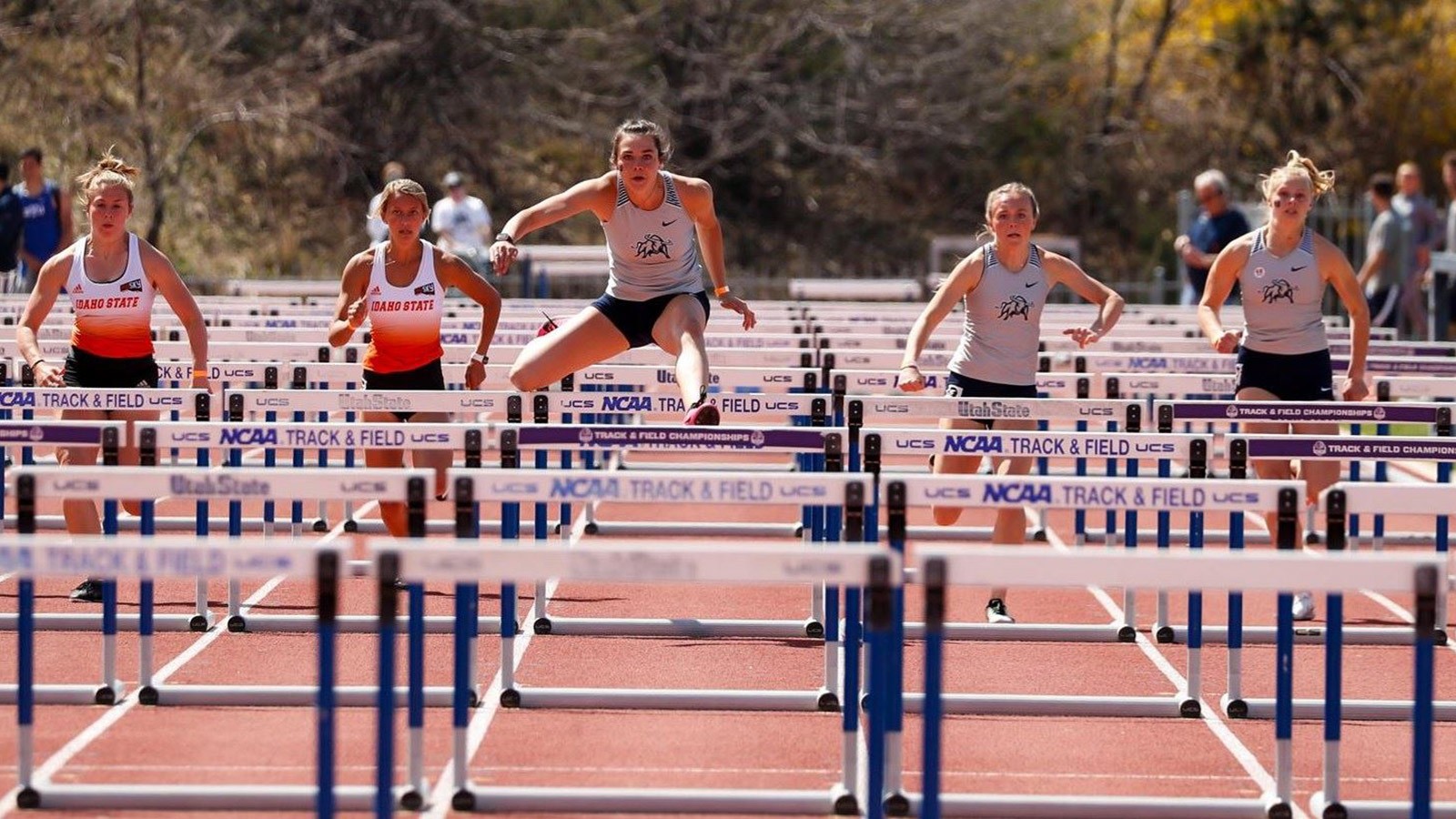 Utah State hurdler Alexis Koetitz jumps hurdles with fellow teammates and rivals from Idaho State.
