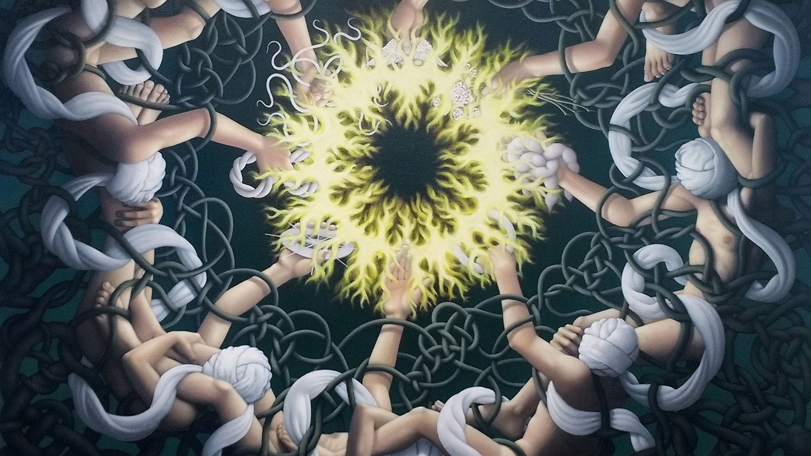 Brian Mains, Wheel of Life (detail), 1994, acrylic on canvas, 66 x 66 inches.