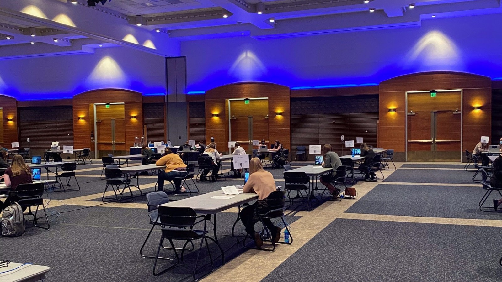 USU ballroom set up with stations for Zoom interviews.